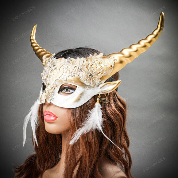 Krampus Gold Horn Lace  Animal Devil Women Mask - White - Picture 3 of 10